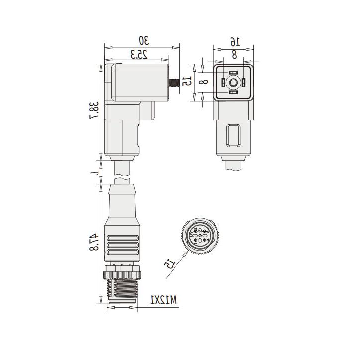 Valve plug type C, DIN, 8mm, 4Pin/M12 male straight, double end precast PUR flexible cable, black sheath, 6VC021-XXX